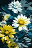 Placeholder: A vibrant floral WATER COLOR pattern featuring large white and yellow flowers with blue and gray accents, set against a dark background