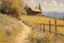 Placeholder: Sunny day, flowers, mountains, fence, distant cabin, pathway, theodore robinson impressionism painting