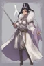 Placeholder: A dnd character sheet. A woman dressed for the cold north, with black hair and lilac eyes. She is a cleric with a sword.