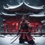 Placeholder: Hyper Realistic muscular-samurai training outside a Dark-Abandoned-Red-Colored-detailed-crafted-Chinese-Temple Almost Covered in Snow at dark-snowfall-night