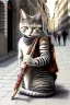 Placeholder: One single mature cat playing flute on the street, Vienna, friendly, model style, hyper realistic, extremely accurate, delicate, extremely detailed, Graphic novel style, wide-angle, open aperture, superfine pencil