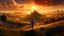 Placeholder: High quality wide shot of Super Mario on a hill overlooking a field, fantasy, epic, battle, army, fire, ruins, dragon, demons, buff, backshot, fog, sunset