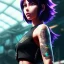 Placeholder: revy black lagoon, purple hair, black tank top, jean shorts, tribal sleeve left arm, portrait shinkai makoto, studio ghibli, studio key, madhouse anime studio, artgerm, lau rossdraws james jean marc simonetti pixiv