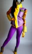 Placeholder: Asa akira as model. Camouflage colors are terracotta, cream and purple, lilac and Cream latex, imperial yellow, red plum. European daft punk woman. Mantle is sewed of recycled Denim and sewed together of recycled polymer felt. lace, Yellow(Munsell) areas. hint of orange as effect color!!Big bright purple/khaki felt tippet and cream or blue or lilac colored-hood. mantle is merged with satchel. . AKG-style headphones (gold rings!) is merged with small felt cap, cyan small visor.