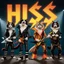 Placeholder: Four cats dressed as KISS band members, each with iconic black-and-white face paint and rock costumes, standing in a dramatic pose under the word 'HISS' in bold orange-yellow gradient letters with lightning bolt-style 'S', parody style, humorous and theatrical atmosphere, studio lighting, sharp details.
