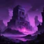 Placeholder: you need to create a picture, its color palette should consist of dark purple and neon colors, it should be the area where the battle just took place there should be debris and ruins on it there should be a light haze and the style should be executed in the form of a drawing