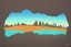 Placeholder: Sunny day, people, rocks, sand, distant modern city, stencil painting