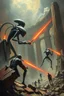 Placeholder: Aliens fighting vs humans around metal epic Echo of Ruins , Bosch painting style nightmare