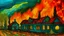 Placeholder: A close-up view of a burning suburban house and destroyed buildings in the colors of Van Gogh's paintings
