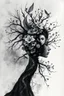 Placeholder: double exposure dry tree with fantasy flowers and profil one fairy face, black and gray watercolor illustration with weet ink, deep dark , surreal, dramatic atmosphere. intricate, stunning textures , mystery. stunning illustration