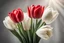 Placeholder: photorealistic 3 red tulips above and 2 white tulips down in a bouquet, soft lighting, sharp focus, rough edges in sunshine