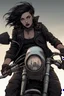 Placeholder: scarred vampire girl showing fangs with short cropped cyberpunk hair riding a black cafe racer motorcycle in a post apocalyptic wasteland at dusk