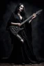 Placeholder: pretty goth girl(dressed in black flowing robes) leaning back while playing electric rock guitar, dark background, photo realism