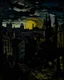 Placeholder: A dark black city near a giant shadow castle painted by Vincent van Gogh