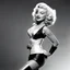 Placeholder: a power superheroic essence of Marilyn Monroe's iconic glamour. As a super heroine, she exudes a captivating charm in her dynamic pose. From a 3/4 view in contre plongée, her power pose, her silhouette enhanced by her agent provocateur costume. She turns her head towards the camera, she smile with no inhibitions meets the viewer's gaze, she embodies a mix of timeless allure and heroic strength.
