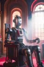 Placeholder: portrait of futuristic space robot holding lotsa phones chatbot smoking a sigar on a throne in a ancient castle ruin, smoke, 4k, downlight, soft light, depth of field, photorealism