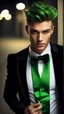 Placeholder: Handsome male model aged 20. undercut hair, wearing a black tuxedo with a green bow tie. Hyperrealistic 4k dark fantasy