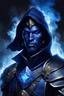 Placeholder: dnd character portrait of a male warlock, dark-blue skin, (armor made of darkness), (blade made of smoke)