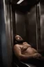 Placeholder: full figure photography of a sicilian man 33 year old man similar to bud spencer chubby muscular bearded sleeping, open mouth, shirtless, manly chest, short beard, long hair, closed eyes, big belly, sitting in a dark elevator, dim top light, completely wet, photorealistic, ambient occlusion , view from the ground