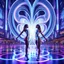 Placeholder: A mesmerizing, 3D, fractal recursive artwork of dancer girls wearing sleek, futuristic clothing. They move gracefully within a shimmering, magical cityscape, a swirling vortex of neon lights and holographic projections. The city appears to be an intricate, self-repeating fractal pattern, with impossible geometries and floating structures.