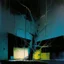 Placeholder: Minimal abstract oil painting of a tree in concrete warehouse brutalist architecture and hanging wires illuminated at night. With triadic colours. In the style of Justin Mortimer and Phil Hale, Ashley Wood