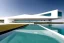 Placeholder: algarve in quinta do lago, one straight line building of 250 meters long pool on the rooftop of that modern luxury architecture building made in white render, wood and gold metallic pergolas with pool on rooftop, overlooking a slope with pinus pinea