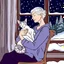 Placeholder: create a sleeping grey haired middle aged woman with chin length hair, sitting on a chair, in front of a window, holding her beloved gray and white tabby Oriental shorthair cat, also sleeping, in her arms. Serene peaceful calm. the snow falling outside