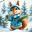 Placeholder: art by cheryl griesbach,carne griffith,anna Dittmann,digital painting, alcohol and ink, disney pixar style, full lenght body seen up to the feet, a very sweetest little very happy smiling young squirrel with big sparkling eyes, wearing bright vivid blue white winter jacket, scarf,wool hat,is holding in one paw a frozen spruce branch,winter park, fir trees, bushes,3d,heartwarming atmosphere