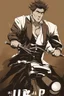 Placeholder: Create the An image of a man drawn in a dynamic style that captures the essence of animation and motion. The artwork showcases the technical and aesthetic details that make it stand out. The character's traits are prominent, and the black color dominates the character, creating a sense of depth and density. The brown background contrasts with the character's features, making them more visible. The character's eye is especially captivating, as it reveals the fine details of the illustration. The