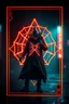 Placeholder: neon spiderweb sacred geometry framed playing card, black, yellow and orange neon cyber punk dancer thief in soaked rain coat and cowboy witch hat shadows boss card in the style of Giger and fallout 4 ,,bokeh like f/0.8, tilt-shift lens 8k, high detail, smooth render, down-light, unreal engine