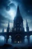 Placeholder: The gothic future buildings in another dimension surrounded with stars and galaxies and clouds and fogs, Busch painting nightmare style , 3D , scary, magical, mysterious