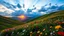 Placeholder: beautiful Green hills covered with flowers colorfull ,blue sky heavy clouds with godray at sunset ,very nice flowers at closeup ,wonderfull mountains at distance