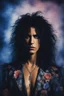 Placeholder: Chiaroscuro lighting, deep shadows, rich deep colors, facial portraits, 1980, Paul Stanley, ((1980's big hair, long, teased up Spikey Motley Crue style hair)), black hair, facial portraits, foggy, cloudy blue wall with assorted designs and multiple floral arrangements in the background, 4k, 8k, 16k, 32k, 100k UHD, Ultra-Hyper Resolution, dark, sultry eyeshadow, eyeliner, mascara, rouge, lipstick, from the rock and roll band KISS