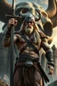 Placeholder: Snot Bubbles, an extremely muscular 18-year-old Cotar the barbarian with tattoos, battle-scarred face, and long, shoulder-length bleach-blonde hair wearing leather shoulder and chest harness and armor, loincloth and a steel war helmet with horns and a buffalo hide brim, standing in front of a giant, skull-shaped castle raising the sword in his hand to the sky, 1200ppi, 2000dpi, Ultra-HD, hyper realistic, photorealistic, lifelike, professional grade photography, digital art