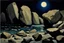 Placeholder: Rocks, night, 2000's sci-fi movies influence, edouard manet impressionism painting