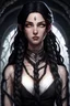 Placeholder: Young beautiful female Hexblood character . Bright glowing pale eyes. Long, thick, silky jet-black hair reaching her waist, with a center part and two loose Dutch braids starting at her temples, flowing into the rest of her straight hair. A few soft strands frame her face. Thin dark vine-like markings spread across neck and collarbone as a sign of an ancient curse. Dark fantasy, realistic, cinematic, highly detailed.