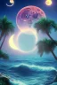 Placeholder: 1980's vaporwave aesthetic palm trees with lightning with lunar eclipse moon crescent in the ocean waves sunset