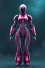 Placeholder: Hyper-realistic full-body 3D surreal digital painting of a female humanoid droid mechanic standing upright, perfect full-body proportions, elegant futuristic design, highly detailed mechanical anatomy with refined joints and precision engineering, sleek magenta metallic armor with subtle wear and realistic reflections, diamond-like crystalline accents integrated into the body design, cinematic pose showing full silhouette from head to feet, rich deep teal atmospheric background, soft volumetric