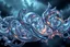 Placeholder: Dynamic complex hypnotic fractal 3D structures horizontal Symmetry twisting and morphing between organic and geometric forms , smooth translucent iridescent glass with inner glow and bubbles, varied transparent materials, stormy skies, intense dramatic