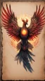 Placeholder: Hyper Realistic colored-sketch of Cyberpunk-Phoenix with glowing red eyes & golden-wings-&-feathers on a vintage-old-paper