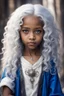 Placeholder: young mulatto sorceress, nine years old, blue eyes, snow-white wavy hair