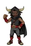 Placeholder: German variant of Vault boy from Fallout, wearing a bull head, a black cape, a gray hood on the top of the head and grey and red pants and vest, and doing the thump up pose, old school comic style, on a png background