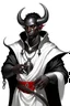 Placeholder: En Young male black skin black hair tiefling Wizard with large horns glowing Silver and White symbols Everywhere on his body. He's wearing silver and White Rope and a silver cloak. His horn a perfectly place on acet from the front to the back pointing upwards with glowing Red cat Eyes. His close is elegant get simple