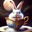 Placeholder: laughing bunny king , dreaming of the moon, drinking warm tea surfing waves on a teacup,misty fantasy art, book cover