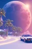 Placeholder: 1980's aesthetic vaporwave palm trees with lighting with moon with bmw in the winter snow