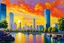 Placeholder: Amazing sunset, buildings, lake, rocks, city, trees, cyberpunk, sci-fi, konstantin korovin, and claude monet impressionism paintings