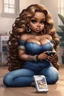 Placeholder: Create a magna art of a black chibi curvy female sitting on the floor looking at her cell phone. She is wearing tight blue jeans and a black off the shoulder blouse. Prominent make up with lush lashes. Highly detailed wavy ombre blonde and brown long hair. She is also wearing silver large hoop earrings