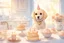 Placeholder: birthday cake, chibi dog in a beautiful kitchen, heart and love in the sunshine, watercolor and black ink outlines, sparkling golden glitter, ethereal, cinematic postprocessing, bokeh, dof