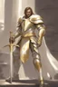 Placeholder: Leonin knight wearing white and gold armor, wearing a white and gold cape, holding a large sword and shield