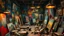 Placeholder: A chaotic and lively room, where art and clutter intertwine organically. The walls are covered with vibrant paintings, some hung awkwardly, others propped against the floor in irregular piles. Antique lamps hang from the ceiling, casting a warm, dim light that highlights the saturated hues of the paintings. The space is dotted with forgotten objects: used paintbrushes, open cans of paint, small sculptures and rusty tools. In the background, a solitary figure, dressed in a long coat and hat, peer